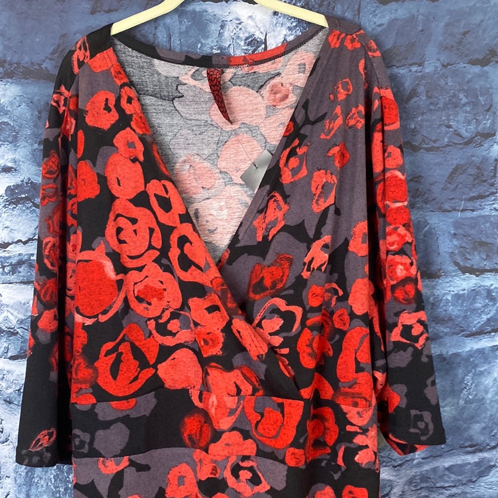 Rose Print V Neck Overlap Sweater Tunic Tie Back Dress